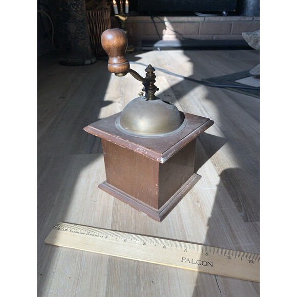 Antique Rare UNIQUE Hand Mill Brass Metal Vintage Wood Coffee Grinder Millstones - Picture 2 of 12